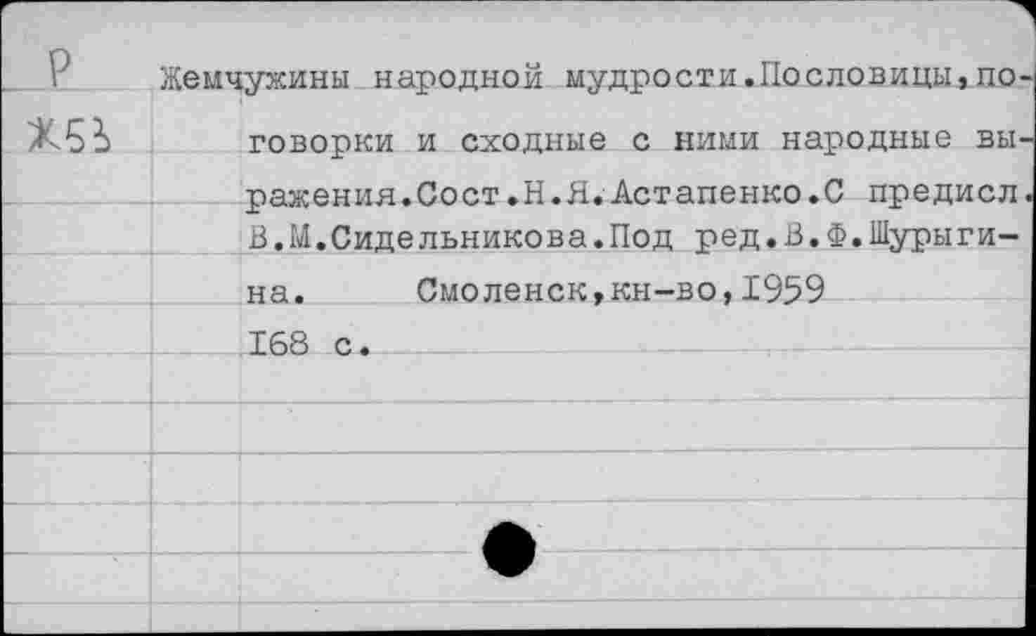 ﻿Жемчужины народной мудрости.Пословицы,по
говорки и сходные с ними народные вы ражения.Сост.Н.Я.Астапенко.С предисл В.М.Сидельникова.Под ред.В.Ф.Шурыгина. Смоленск,кн-во,1959 168 с.